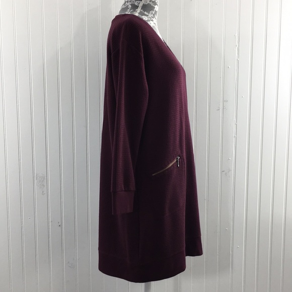 J. Jill Maroon Waffle Knit Tunic Top Womens Medium Petite V Neck Long Sleeve - Picture 2 of 11